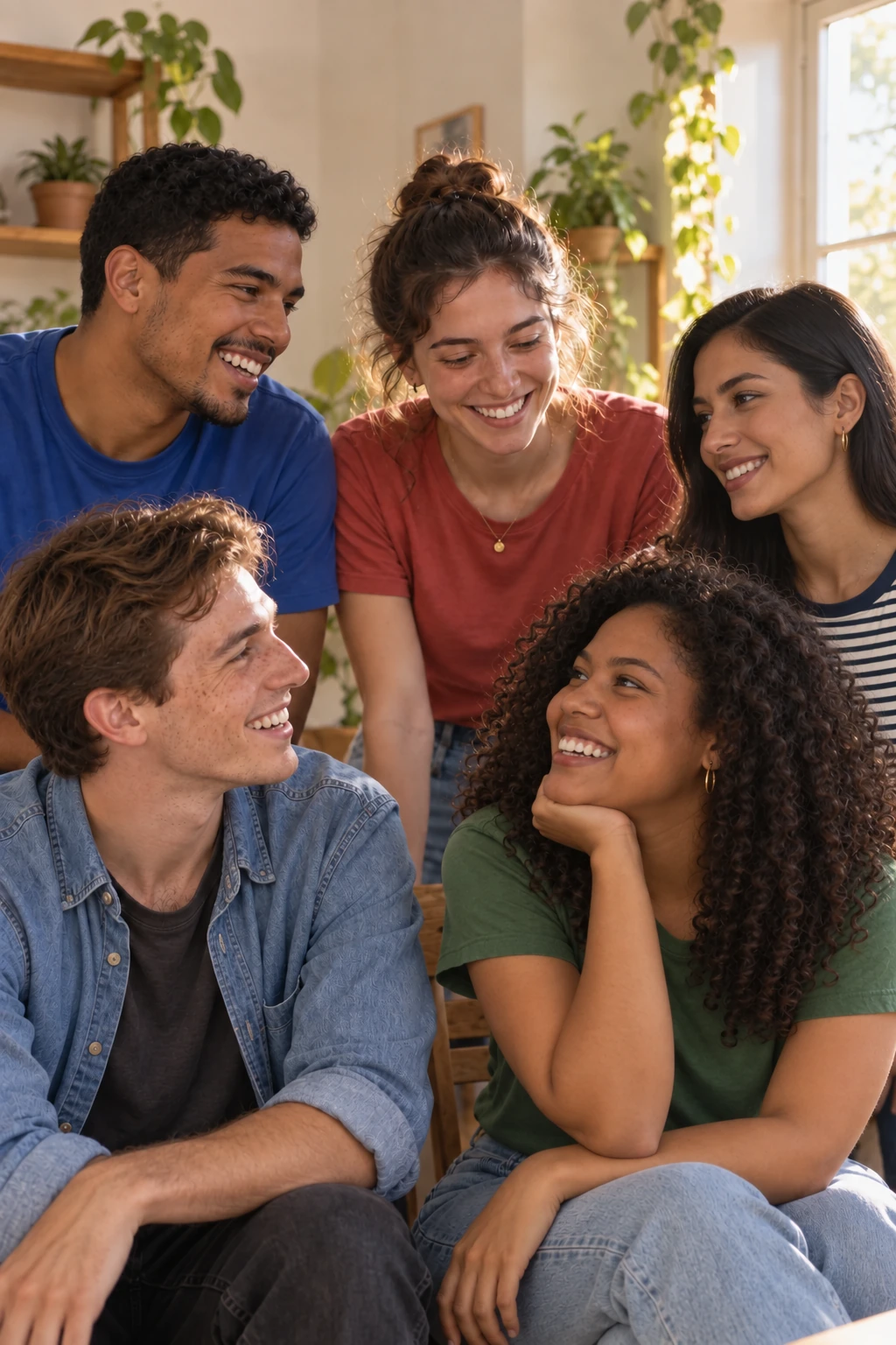 Cinco jóvenes conversan entre sí, con camisetas de colores, rayas y prendas de mezclilla.